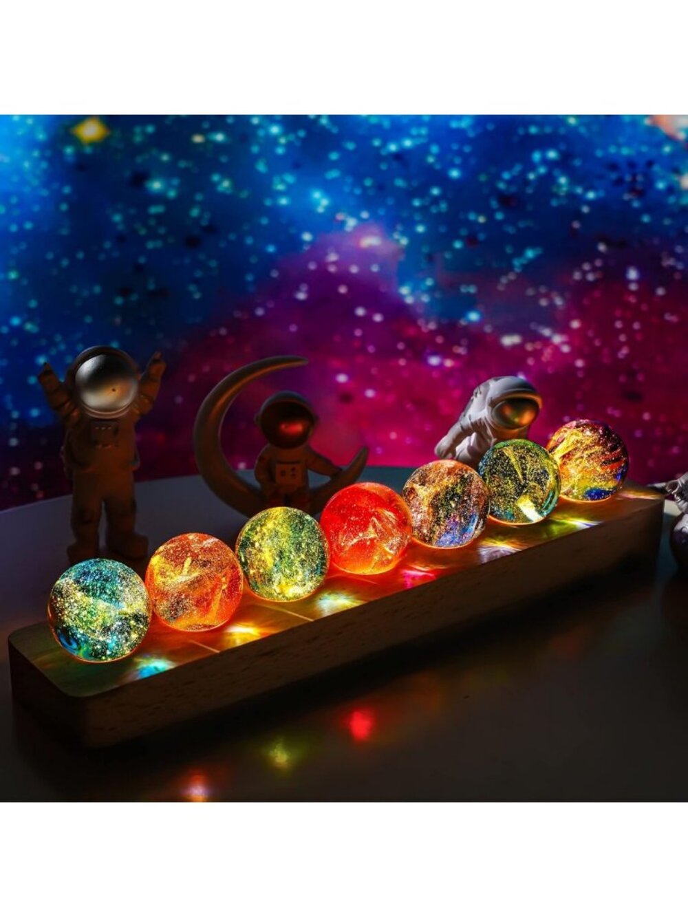 7 Chakra Healing Crystal Spheres Set with LED Wooden Stand - Natural Energy